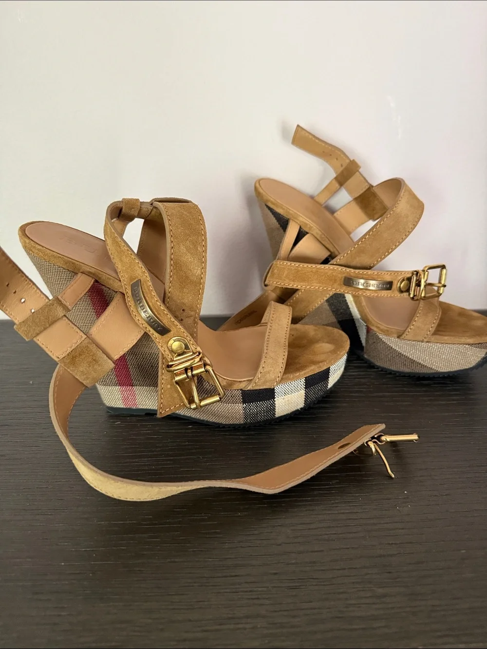 Burberry Tan Suede Wedge Sandals with Signature Check Platform